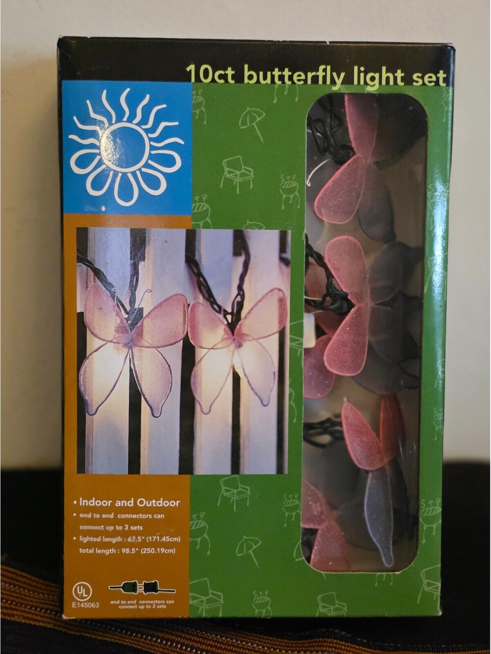 Vtg 10ct Pink Fabric Butterfly String Lights Indoor Outdoor Party Decor Boxed
